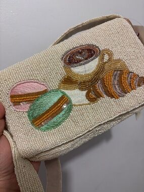 Made In India Cream Beaded Bag with Embroidered Coffee & Pastry